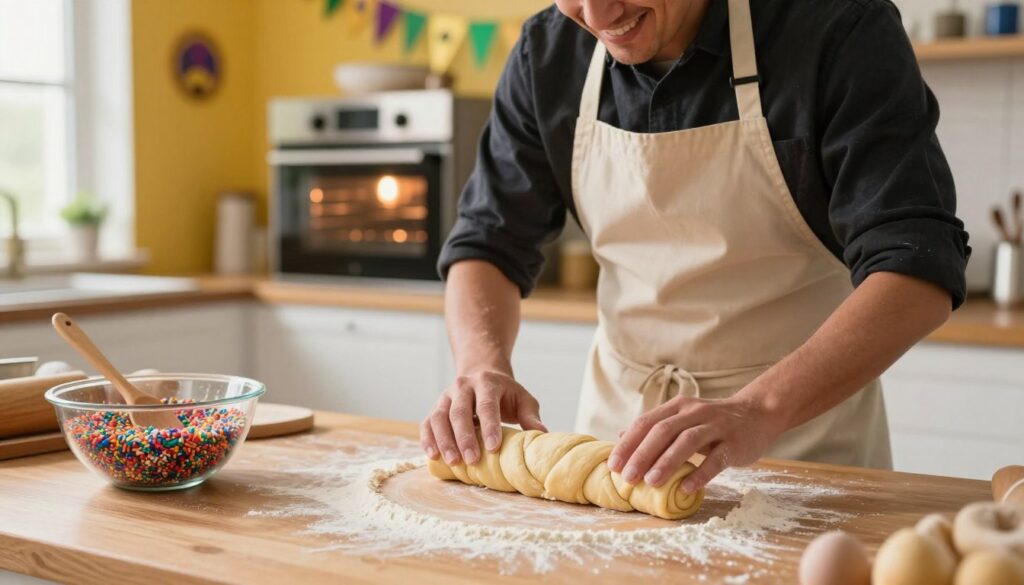 A cozy kitchen scene showcasing the preparation of a traditional homemade king cake. In the foreground, a soft, fluffy king cake dough is rolling out on a wooden countertop, dusted with flour. A mixing bowl filled with colorful sprinkles and a wooden spoon rests nearby. In the middle, a chef, dressed in a neat apron, is carefully shaping the dough into a spiral form, with a warm, inviting smile. The background features an oven with a glowing light, and the walls adorned with bright Mardi Gras decorations. Soft, natural lighting filters through a window, creating a warm and cheerful atmosphere that highlights the baking process. The camera angle is slightly above, capturing both the chef’s focused expression and the vibrant colors of the preparations, evoking a sense of joy and festivity. A cozy kitchen scene showcasing the preparation of a traditional homemade king cake. In the foreground, a soft, fluffy king cake dough is rolling out on a wooden countertop, dusted with flour. A mixing bowl filled with colorful sprinkles and a wooden spoon rests nearby. In the middle, a chef, dressed in a neat apron, is carefully shaping the dough into a spiral form, with a warm, inviting smile. The background features an oven with a glowing light, and the walls adorned with bright Mardi Gras decorations. Soft, natural lighting filters through a window, creating a warm and cheerful atmosphere that highlights the baking process. The camera angle is slightly above, capturing both the chef’s focused expression and the vibrant colors of the preparations, evoking a sense of joy and festivity.