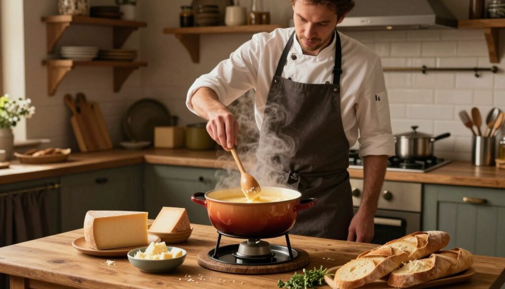 A cozy kitchen scene showcasing the step-by-step preparation of traditional Savoyard fondue. In the foreground, a wooden table is adorned with a classic fondue pot filled with melting cheese, steam gently rising. Various cheeses like Gruyère and Emmental are grated and placed in small bowls, alongside a sliced baguette and fresh herbs. In the middle, a skilled chef in a professional apron carefully stirs the cheese mixture with a wooden spoon, with a focused expression. The background features rustic kitchen decor, including wooden shelves with various cooking utensils and a warm, inviting atmosphere created by soft, golden lighting. The scene emphasizes warmth, tradition, and a sense of culinary craft, inviting viewers to engage with the art of making fondue.
