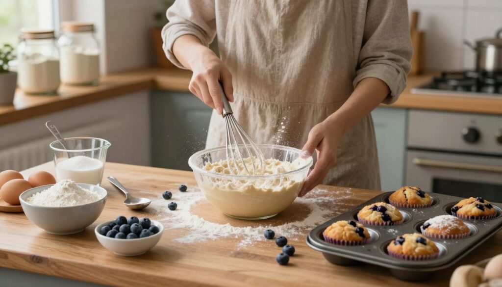 A cozy kitchen scene showcasing the step-by-step process of making blueberry muffins with freshly milled flour. In the foreground, a wooden countertop is adorned with bowls of ingredients like flour, sugar, eggs, and fresh blueberries, along with measuring cups and spoons. In the middle ground, a person in casual but modest attire is mixing batter with a whisk, surrounded by scattered blueberries and flour dust. In the background, warm lighting filters through a window, illuminating jars of freshly milled flour on a rustic shelf and a baking tray with muffin liners ready to be filled. The atmosphere is warm and inviting, evoking a sense of homemade goodness and bakery charm.