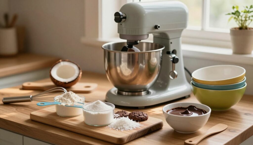 A cozy kitchen setting featuring essential tools for making chocolate coconut cookies. In the foreground, a wooden cutting board displays measuring cups filled with flour, sugar, and grated coconut, alongside a bowl of melted chocolate. Beside them, a whisk, a spatula, and a set of colorful mixing bowls are carefully arranged. In the middle ground, a classic stand mixer sits prominently, with ingredients ready for mixing. Soft, warm light filters in through a window in the background, casting gentle shadows and creating a homely atmosphere. The scene evokes a sense of warmth and culinary creativity, inviting viewers into the delightful process of baking these treats.
