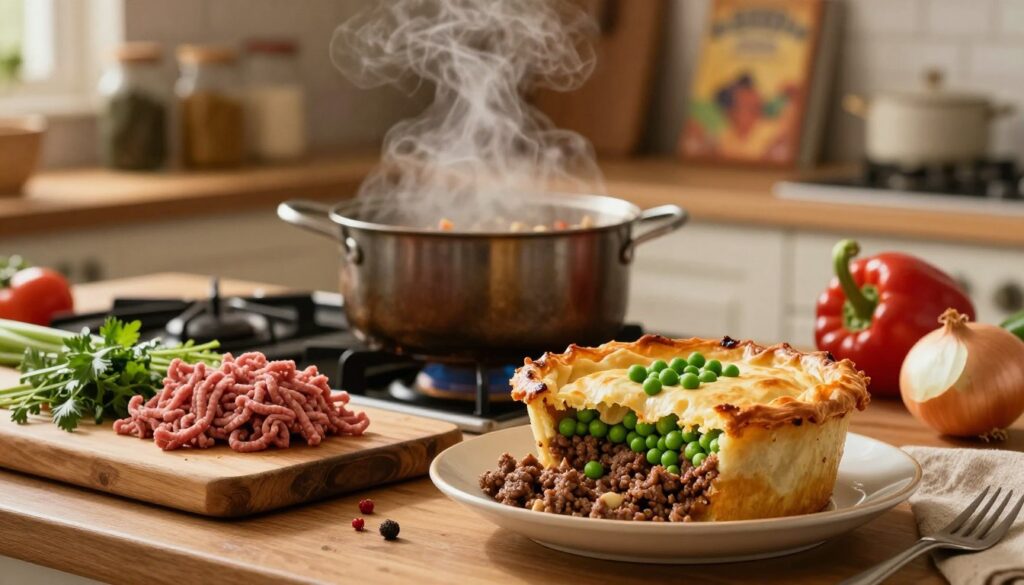 A cozy kitchen setting, filled with warm, soft lighting that evokes a feeling of home. In the foreground, a plate of classic comfort food featuring a hearty ground beef dish, such as shepherd's pie, with a golden-brown crust and vibrant green peas garnishing the top. Beside it, a rustic wooden cutting board displaying ground beef, fresh herbs, and vegetables like onions and bell peppers, ready for cooking. In the middle ground, a bubbling pot on the stove with savory spices and ingredients, steam rising gently, creating an inviting atmosphere. In the background, shelves lined with jars of spices and cookbooks, softly blurred, emphasizing the theme of easy, homemade meals. The scene captures the essence of comfort food classics made simple, evoking warmth and nostalgia.
