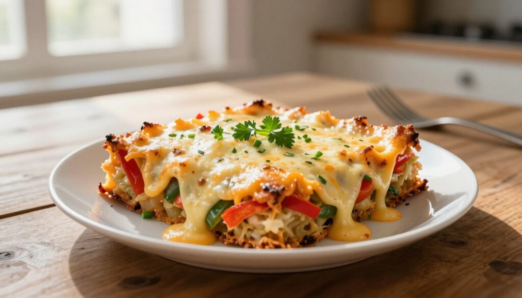 A delicious breakfast casserole filled with melty cheese, served on a pristine white plate. The casserole showcases a golden-brown top, bubbling with cheddar and mozzarella, interspersed with colorful bell peppers and fresh herbs like parsley and chives. Set against a rustic wooden table, the image highlights a warm, inviting atmosphere, enhanced by soft morning light streaming in from a nearby window, creating a soft glow around the dish. The foreground features the casserole prominently, emphasizing its texture and richness, while the background softly blurs to hint at a cozy kitchen setting. The overall mood is comforting and appetizing, evoking a sense of homey warmth and indulgence.