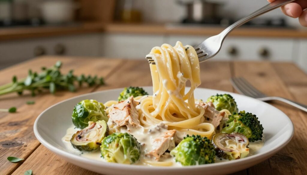 A delicious plate of creamy chicken pasta, featuring tender chicken pieces, rich alfredo sauce, and vibrant Brussels sprouts and artichokes, elegantly arranged in the foreground. The pasta is lovingly twirled around a fork, glistening with a light sheen that highlights its creaminess. In the middle ground, a rustic wooden table adds warmth to the scene, with fresh herbs scattered, enhancing the homemade essence. The background is softly blurred, showcasing a cozy kitchen with warm lighting that casts a subtle glow, creating an inviting atmosphere. The overall mood is one of comfort and inviting indulgence, perfect for a satisfying high-protein dinner. The angle is slightly overhead to capture the vibrant colors, textures, and details of the dish without distractions such as captions or watermarks.