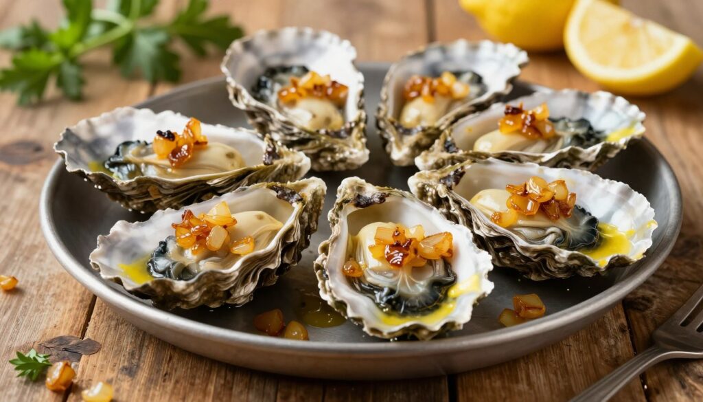 A delicious platter of baked oysters topped with golden, caramelized shallots and rich, melted butter, presented on a rustic wooden table. The oysters, nestled in their shells, exude a tantalizing sheen from the buttery sauce pooling within. The shallots are finely diced and evenly distributed, glistening with a hint of freshness. In the background, soft, warm lighting creates a cozy atmosphere, enhancing the inviting nature of the dish. A delicate focus on the oysters contrasts with a softly blurred background of herbs and lemon wedges to suggest freshness. The overall mood is warm and indulgent, capturing the essence of a gourmet seafood experience.