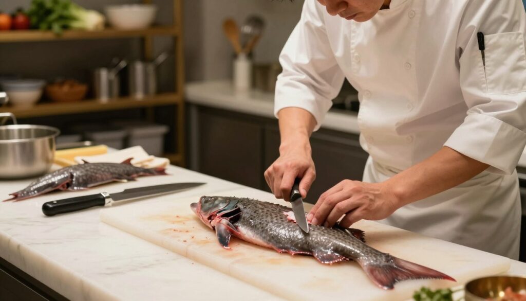 A detailed and informative scene depicting the process of removing skin from a dogfish. In the foreground, a professional chef, dressed in a white chef's coat and apron, is focused on filleting the fish with a sharp knife. The middle ground shows a clean, well-lit kitchen counter adorned with kitchen tools like a cutting board, a pair of gloves, and a few dogfish laid out, showcasing their unique texture. In the background, there are shelves filled with various cooking utensils and a hint of fresh ingredients, creating an inviting, culinary atmosphere. Soft, warm lighting highlights the texture of the fish and the chef’s concentration, with a slight depth of field to draw attention to the filleting process while softly blurring the background.