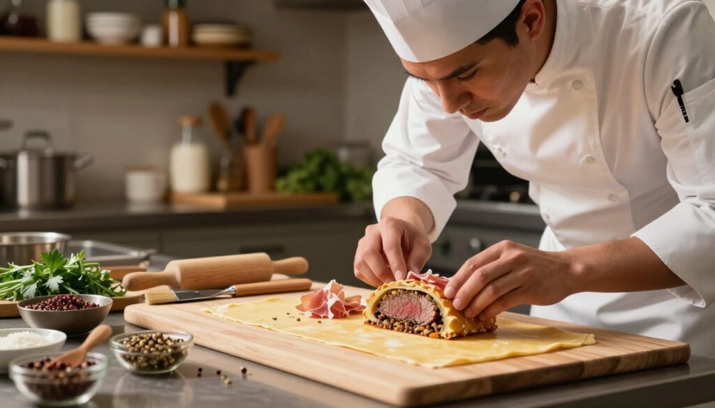 A detailed kitchen scene showcasing the assembly technique of Beef Wellington as demonstrated by a professional chef. In the foreground, the chef, dressed in a crisp white apron and chef's hat, is skillfully layering the beef, mushroom duxelles, and prosciutto onto a sheet of golden pastry dough. The chef's focused expression reflects determination and expertise. In the middle ground, a cutting board is adorned with finely chopped herbs and spices, while tools such as a rolling pin and pastry brush lay nearby. The background features softly lit kitchen shelves filled with cooking utensils and ingredients, creating a warm and inviting atmosphere. Soft, diffuse lighting should emphasize the textures of the pastry and the vibrant colors of the ingredients, capturing the essence of culinary artistry.