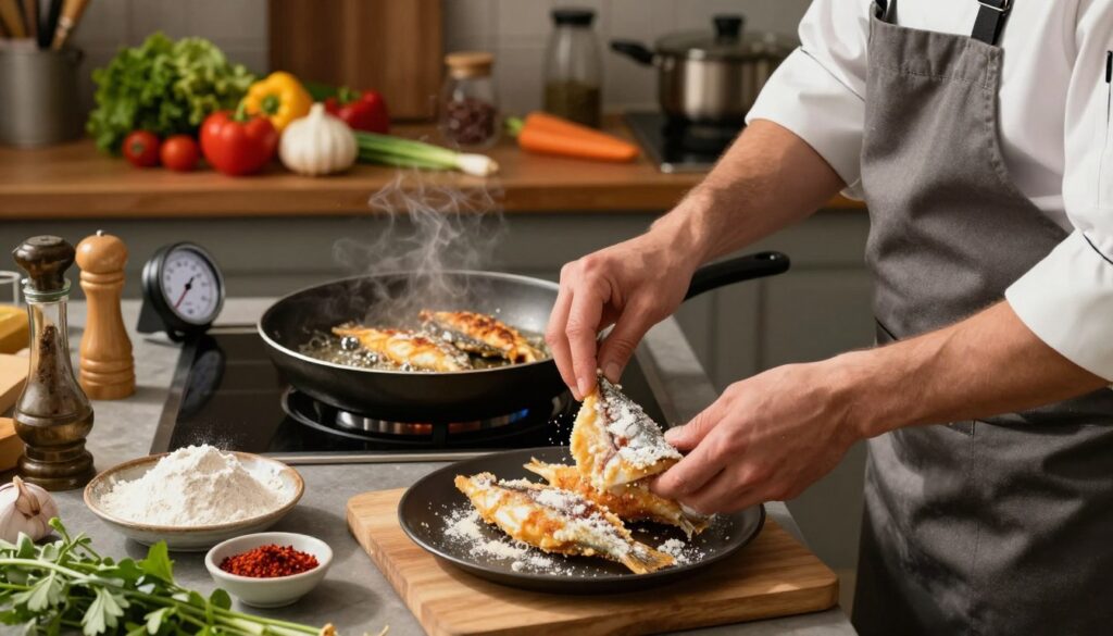 A detailed, step-by-step guide to frying fish in a cozy kitchen setting. In the foreground, an experienced chef in a neat, professional apron is demonstrating the technique of coating fish fillets with batter; nearby ingredients like flour, spices, and fresh herbs are neatly arranged. In the middle ground, a frying pan sizzles with golden brown fish, bubbles rising as the fish fries, while a thermometer shows the ideal frying temperature. The background features a colorful arrangement of fresh vegetables and a well-organized cooking station, enhancing the atmosphere of culinary creativity. Warm, inviting lighting highlights the textures of the fish and the chef's focused expression, creating an engaging and informative mood. Make sure the composition captures the essence of the frying process without any distracting elements.