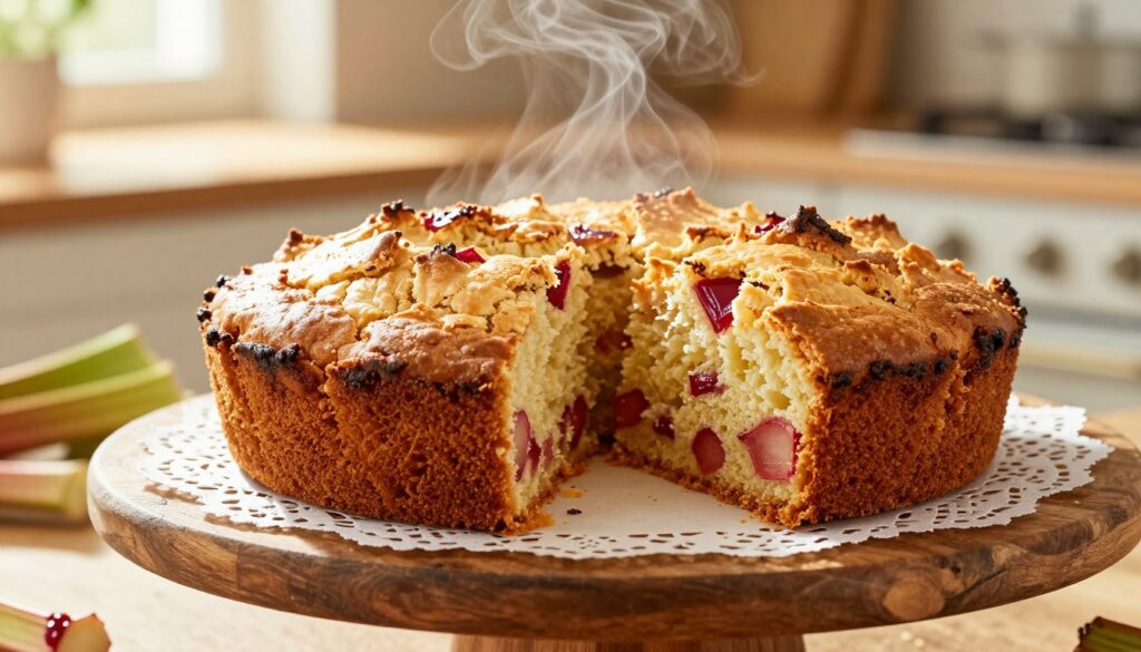 A freshly baked homemade rhubarb cake displaying a golden crackle topping, perfectly browned and showcasing its doneness. The cake, slightly uneven on the surface, has a delightful texture with visible chunks of vibrant red rhubarb peeking through the crust. In the foreground, place a rustic wooden cake stand adorned with a delicate lace doily, enhancing the cozy vibe. In the middle, the cake is sliced to reveal its moist interior, steam gently rising to suggest warmth. In the background, a softly blurred kitchen scene with warm, natural lighting creates an inviting atmosphere, hinting at a sunny afternoon. Use a shallow depth of field to emphasize the cake while softly fading the background. Capture the essence of home baking, warmth, and comfort.