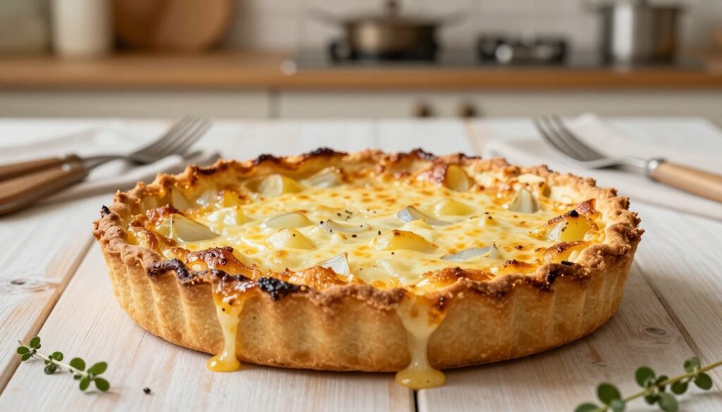 A freshly baked tartiflette, perfectly golden and bubbling, displayed as the focal point in the foreground. The tartiflette's top showcases a crispy, golden crust, with melting layers of cheese oozing on the sides, revealing hints of potatoes and onions underneath. In the middle ground, pale wooden table accents the dish, complemented by rustic utensils and fresh herbs. The background includes a soft-focus kitchen setting, with warm, inviting lighting emanating from overhead fixtures, creating a cozy atmosphere. The camera angle is a slightly overhead shot to capture the tartiflette's texture and depth, highlighting its mouthwatering details. The mood is warm and nostalgic, inviting the viewer to savor the comfort of traditional Savoyard cuisine. A freshly baked tartiflette, perfectly golden and bubbling, displayed as the focal point in the foreground. The tartiflette's top showcases a crispy, golden crust, with melting layers of cheese oozing on the sides, revealing hints of potatoes and onions underneath. In the middle ground, pale wooden table accents the dish, complemented by rustic utensils and fresh herbs. The background includes a soft-focus kitchen setting, with warm, inviting lighting emanating from overhead fixtures, creating a cozy atmosphere. The camera angle is a slightly overhead shot to capture the tartiflette's texture and depth, highlighting its mouthwatering details. The mood is warm and nostalgic, inviting the viewer to savor the comfort of traditional Savoyard cuisine.