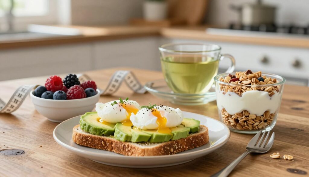 A freshly prepared, healthy breakfast spread displayed on a rustic wooden table, featuring a colorful assortment of foods ideal for weight loss. In the foreground, there are whole-grain toast slices topped with avocado and poached eggs, a small bowl of mixed berries, and a yogurt parfait layered with granola. In the middle ground, a cup of green tea sits next to a measuring tape symbolizing health and fitness. The background softens into a cozy kitchen setting with warm, natural lighting filtering through a window, creating an inviting atmosphere. The scene should evoke a sense of well-being and motivation, highlighting the importance of a nutritious breakfast in a weight loss journey. Use a shallow depth of field to keep the focus on the breakfast items.