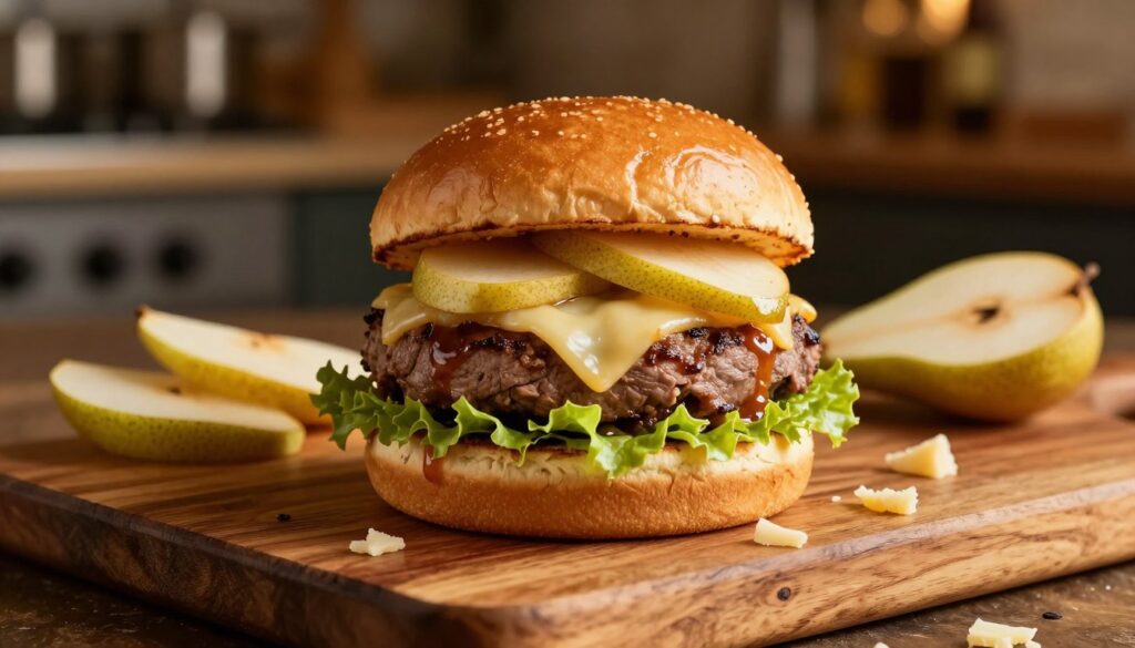 A gourmet burger featuring duck confit, melted Cantal cheese, and a slice of ripe pear, presented on a rustic wooden platter. In the foreground, the burger is centered, showcasing its layers with crispy lettuce and a golden brioche bun, glistening with sauce. The middle ground includes scattered ingredients, like pear slices and a few cheese shavings, enhancing the artisanal feel. The background is softly blurred, suggesting a cozy, dimly lit gourmet kitchen, with warm golden lighting that casts inviting shadows. Shot from a slightly elevated angle using a 50mm lens to emphasize texture and details, creating a mouthwatering atmosphere that highlights the elegance and complexity of the dish.