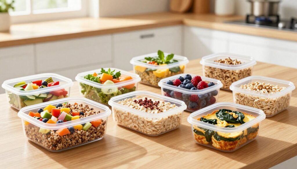 A neatly arranged set of meal prep containers showcasing a variety of fast morning meals, each under 400 calories. In the foreground, focus on colorful containers filled with vibrant dishes: a quinoa salad with chopped vegetables, overnight oats topped with fresh berries, and a spinach-feta egg muffin. The middle section features a wooden table with a bright, clean kitchen in the background, illuminated by soft, natural morning light streaming through a window, casting gentle shadows over the scene. The atmosphere should feel fresh and energetic, evoking the idea of health and efficiency. Use a slightly overhead angle to capture the enticing array of meals, making them look appealing and accessible for busy mornings.