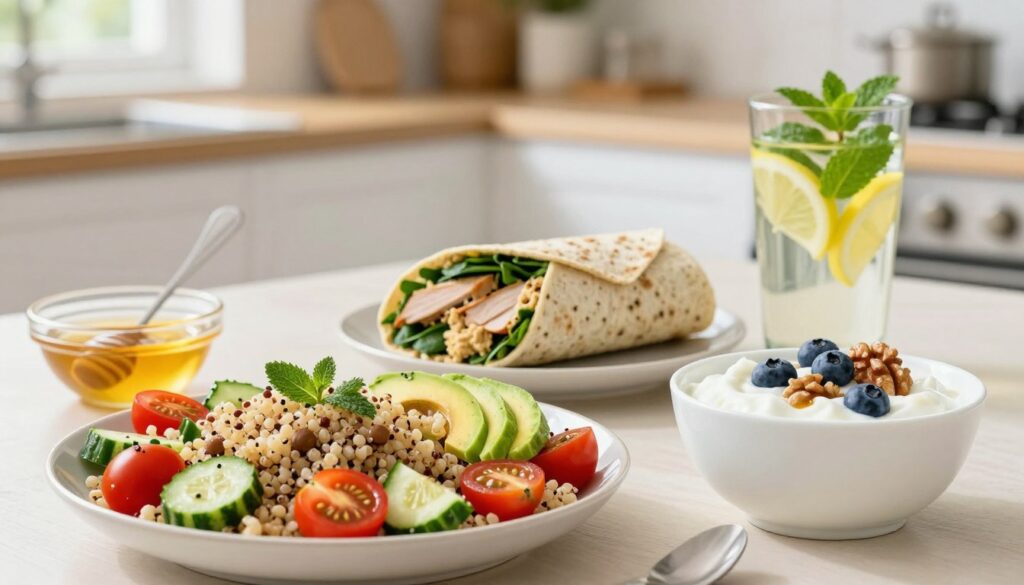 A neatly arranged table featuring a colorful spread of quick gut-friendly lunch ideas. In the foreground, showcase a vibrant quinoa salad with cherry tomatoes, cucumber, and avocado, garnished with fresh herbs. Beside it, a bowl of Greek yogurt with honey and topped with walnuts and blueberries. In the middle, a whole-grain wrap filled with spinach, hummus, and sliced turkey. A glass of infused water with slices of lemon and mint adds a refreshing touch. The background features a bright kitchen with natural light streaming through a window, highlighting the wholesome ingredients. Use a soft focus to create an inviting, homely atmosphere, ensuring the colors are vivid and appetizing. Aim for a warm, inspiring mood that conveys the ease and enjoyment of healthy eating. A neatly arranged table featuring a colorful spread of quick gut-friendly lunch ideas. In the foreground, showcase a vibrant quinoa salad with cherry tomatoes, cucumber, and avocado, garnished with fresh herbs. Beside it, a bowl of Greek yogurt with honey and topped with walnuts and blueberries. In the middle, a whole-grain wrap filled with spinach, hummus, and sliced turkey. A glass of infused water with slices of lemon and mint adds a refreshing touch. The background features a bright kitchen with natural light streaming through a window, highlighting the wholesome ingredients. Use a soft focus to create an inviting, homely atmosphere, ensuring the colors are vivid and appetizing. Aim for a warm, inspiring mood that conveys the ease and enjoyment of healthy eating.