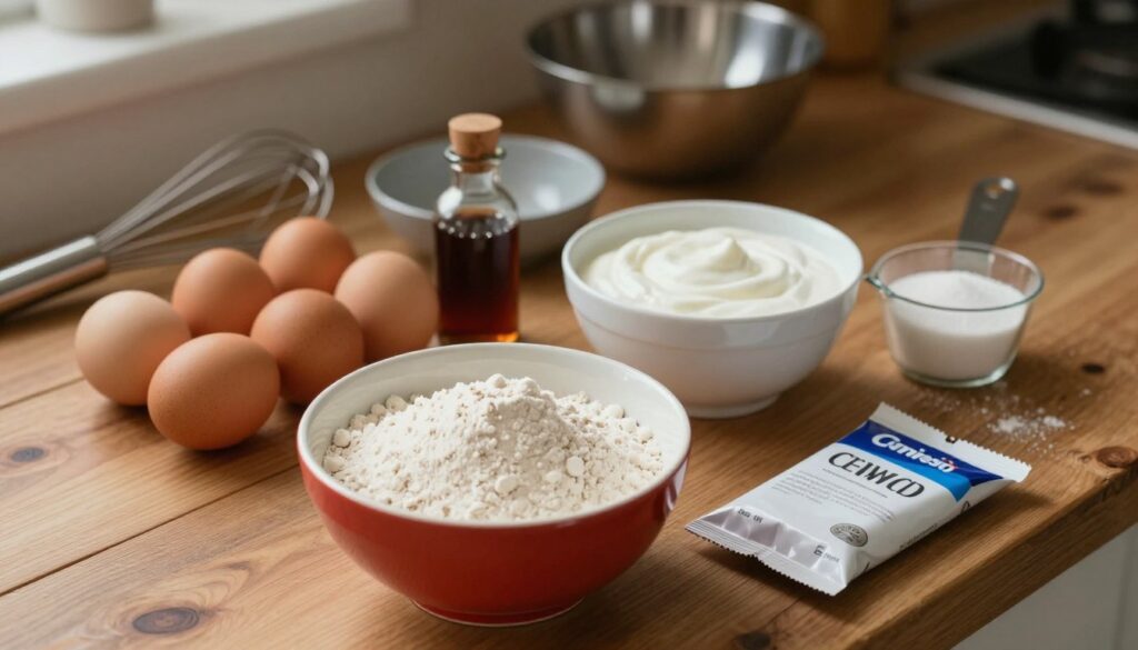 A picturesque arrangement of essential ingredients for making a no-sponge cake, displayed on a rustic wooden kitchen counter. In the foreground, a vibrant bowl filled with flour sits next to a pack of baking powder. Fresh eggs are arranged neatly on one side, while a small glass bottle of vanilla extract sparkles in the soft light. In the middle, a creamy bowl of unsweetened yogurt adds a rich texture, and a measuring cup containing sugar accompanies it. In the background, a blurred array of kitchen utensils, including a whisk and mixing bowls, softly highlight the baking theme without overpowering the scene. The warm, natural lighting creates a cozy atmosphere, inviting viewers into the art of baking. Capture this still life with a slightly overhead angle to emphasize the ingredient arrangement.