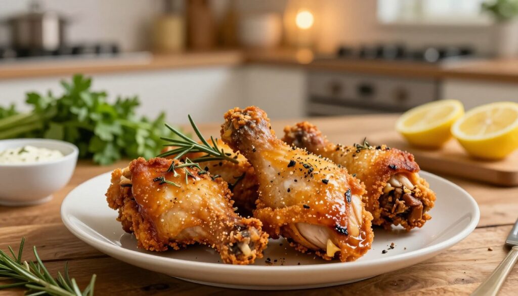 A plate of succulent air fryer chicken thighs, golden brown with a crispy skin glistening from a light glaze of spices, is prominently displayed at the forefront. Juicy meat is visible, inviting and seasoned with herbs like rosemary and thyme, alongside a sprinkle of black pepper. In the middle ground, a rustic wooden table holds fresh accompaniments such as vibrant green herbs, sliced lemons, and a small bowl of dipping sauce, enhancing the flavor profile. In the blurred background, a kitchen with soft evening light creates a cozy, inviting atmosphere, suggesting home cooking. The scene is captured with a warm color palette, through a soft-focus lens at a slight overhead angle, emphasizing the delicious and comforting nature of air fryer chicken thighs.