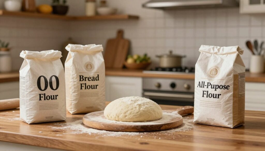 A polished wooden kitchen countertop serves as the foreground, featuring three distinct bags of flour labeled "00 Flour," "Bread Flour," and "All-Purpose Flour," each elegantly displayed with their textures visible. In the middle, a rustic wooden pizza peel holds a freshly shaped pizza dough ball, glistening slightly as if ready to be stretched. In the background, a warmly lit kitchen with shelves filled with cooking ingredients and a soft-focus oven adds to the inviting atmosphere. Soft, diffused lighting enhances the colors of the flour bags and the dough, creating a cozy, homey vibe. The image conveys a sense of culinary exploration and inspires home cooks to engage with the process of selecting the best flour for pizza dough.
