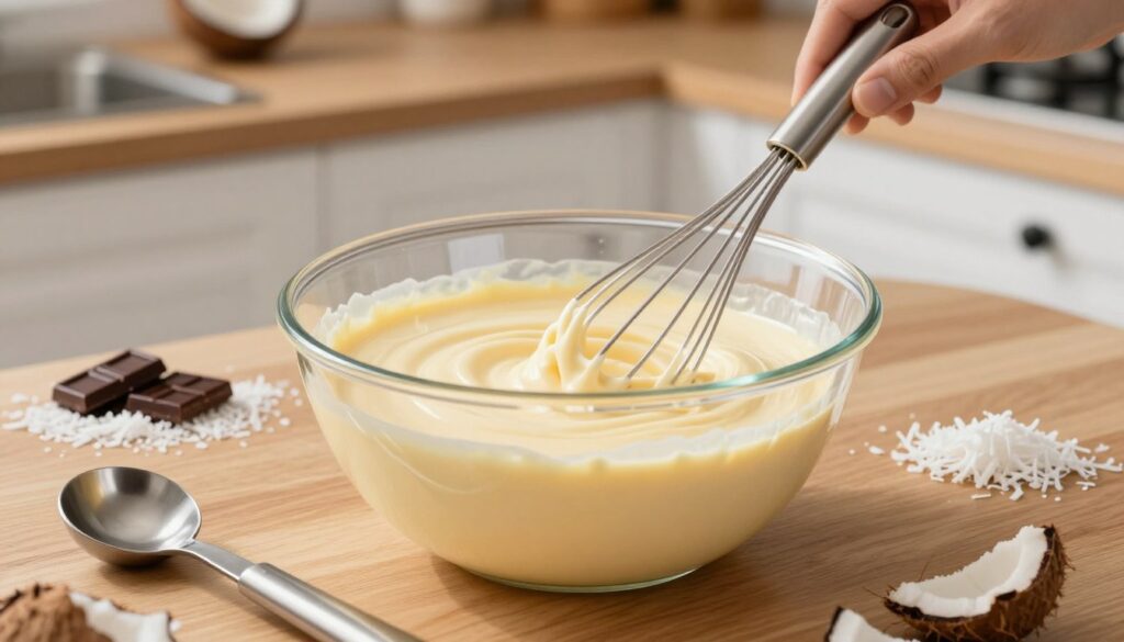 A pristine kitchen setting featuring an elegant mixing bowl filled with creamy vanilla custard, its smooth texture glistening under soft, diffused natural light. In the foreground, a whisk and measuring spoons lay beside the bowl, creating an inviting atmosphere of culinary artistry. In the middle ground, a subtle backdrop of coconut flakes and the ingredients for ruske kape, such as dark chocolate and shredded coconut, hint at their incorporation. The kitchen has wooden counters and white cabinetry, enhancing the cozy, homey feel. The camera angle is slightly above eye-level, focusing on the custard being whisked, fostering a sense of excitement around the cooking process. The overall mood is warm and inviting, inspiring viewers to appreciate the art of dessert-making.