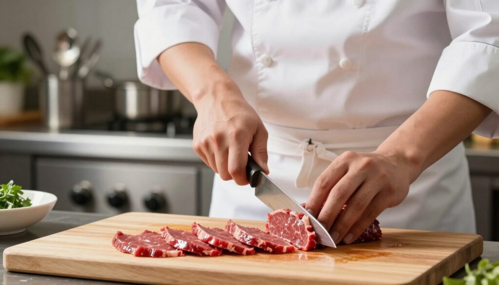 A professional chef, dressed in a crisp white apron and chef’s hat, skillfully slicing a tender beef fillet paper-thin with a sharp knife on a wooden cutting board. The chef's hands are focused, showcasing attention to detail and precision. The beef is vivid red, glistening under bright, natural lighting that emphasizes its freshness. In the background, a well-organized kitchen with gleaming stainless steel utensils and a hint of fresh herbs adds to the culinary atmosphere. A close-up angle captures the slicing action, creating an inviting and instructional mood, perfect for illustrating the preparation of beef carpaccio. No text or logos present.
