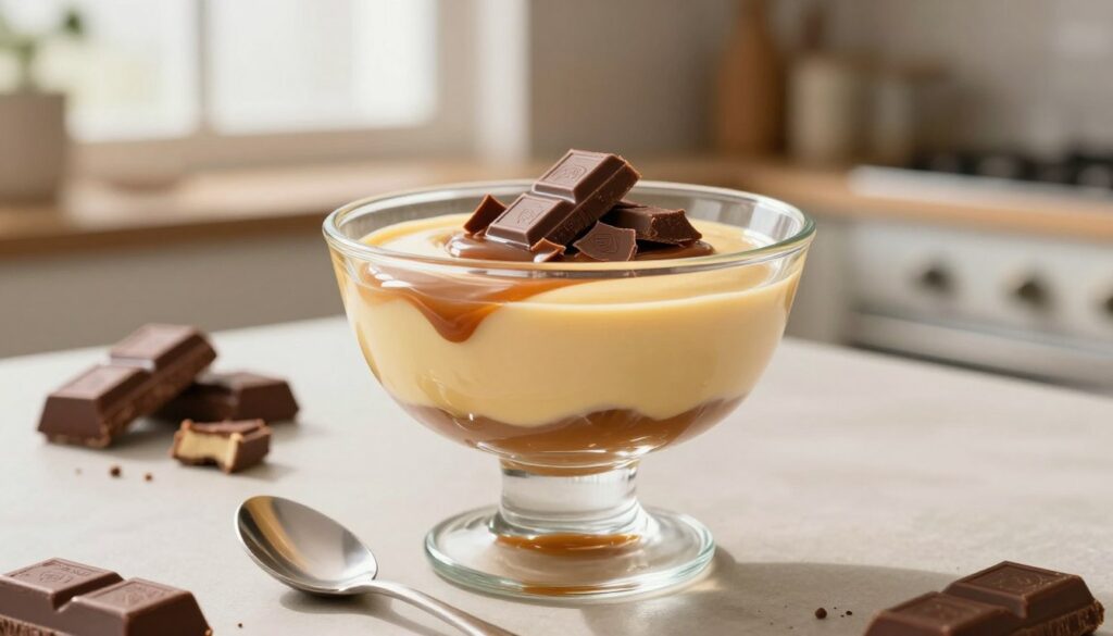 A rich, luxurious Toblerone dulce de leche mousse elegantly presented in a stylish glass dessert dish. The mousse has a smooth, creamy texture with a glossy caramel sheen, topped with shavings of Toblerone chocolate and a drizzle of dulce de leche. In the foreground, a spoon rests beside the dish, gleaming under soft, warm lighting that enhances the appealing, inviting color tones. In the middle ground, a few broken Toblerone bars are artfully scattered, adding a touch of rustic charm. The background features a blurred kitchen setting, illuminated with natural light filtering through a window, creating a cozy and inviting atmosphere. The overall mood is indulgent and gourmet, ideal for showcasing this decadent dessert.