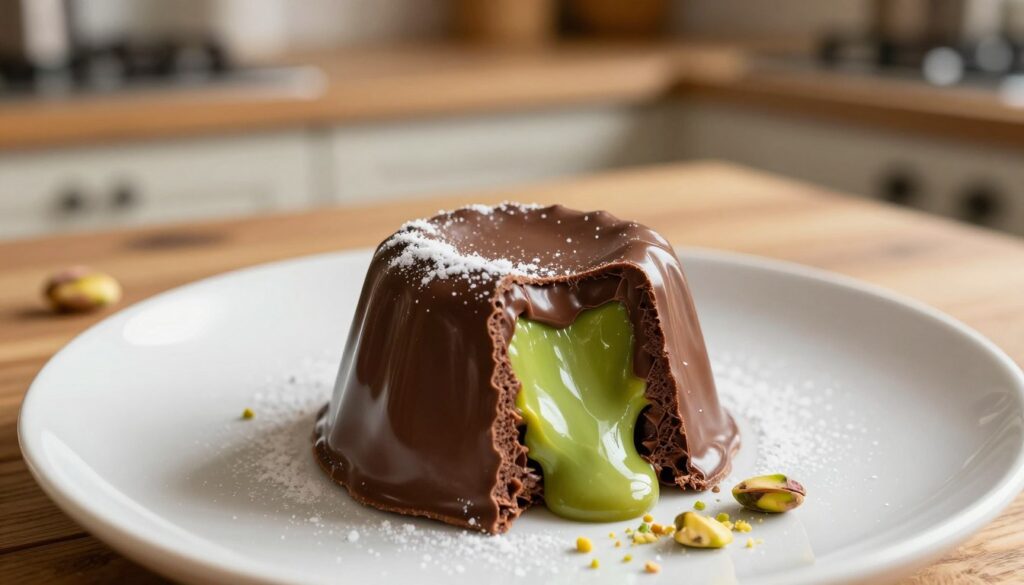 A rich, molten chocolate fondant in the foreground, showcasing its glossy, silky texture as it begins to melt, with a vibrant green pistachio center peeking out. The fondant is placed on a white ceramic plate, with a few scattered crushed pistachios and a delicate sprinkle of powdered sugar enhancing the visual appeal. In the middle ground, warm, soft lighting floods the scene, casting gentle shadows that highlight the fondant's contours. The background features a blurred, rustic wooden kitchen countertop, giving a cozy, homey atmosphere. The camera angle is slightly tilted above the plate, creating an inviting view while emphasizing the lusciousness of the chocolate. The overall mood is warm and inviting, perfect for dessert lovers.
