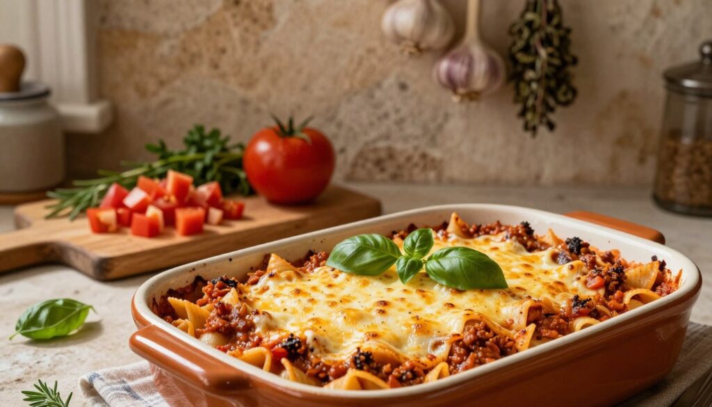 A rustic Italian kitchen scene showcasing a traditional casserole dish filled with pasta and rich homemade ragu sauce. In the foreground, the casserole is topped with bubbling golden cheese and garnished with fresh basil leaves. The middle ground features a wooden cutting board with diced vegetables, tomatoes, and aromatic herbs scattered around. In the background, a warm, inviting kitchen with textured stone walls and hanging garlic and herbs creates an authentic atmosphere. Soft, natural lighting highlights the dish, casting gentle shadows for depth. Emphasize the warm, rich colors of the sauce and pasta to evoke a sense of comfort and tradition, with an inviting ambiance that celebrates Italian culinary heritage.