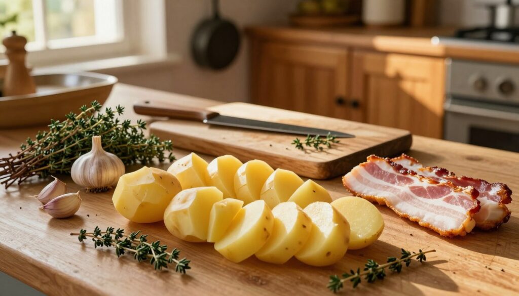 A rustic kitchen countertop filled with fresh ingredients for a traditional Savoyard tartiflette. In the foreground, neatly arranged golden, peeled potatoes are cut into thick slices, surrounded by sprigs of fresh thyme and aromatic garlic cloves. A slab of crisp bacon sits nearby, its rich color contrasting with the potatoes. In the middle, a vintage wooden cutting board displays subtle knife marks and a few scattered herbs. In the background, a warm, inviting kitchen scene is softly lit by golden afternoon sunlight filtering through a window, highlighting wooden cabinets and hanging cookware. Soft shadows create a cozy atmosphere, making it feel like a cherished family recipe in the making. The camera angle is top-down, capturing all the vibrant colors and textures of the ingredients.