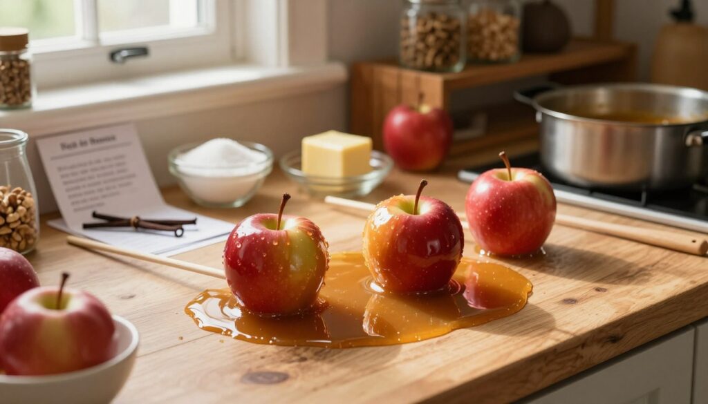 A rustic kitchen countertop setup featuring the preparation of homemade toffee apples. In the foreground, two shiny red apples on wooden sticks sit partially dipped in a rich, bubbling toffee mixture, glistening in the light. Scattered around are cooking utensils, a saucepan, and a small bowl of chopped nuts ready for topping. The middle background shows ingredients like sugar, butter, and vanilla, alongside a recipe card for making toffee. The warm, golden hue of the toffee contrasts with the vibrant red of the apples. Soft, natural lighting filters through a nearby window, creating a cozy, inviting atmosphere. A wooden shelf in the background holds jars of spices, enhancing the kitchen’s homely charm. The shot is captured from a slightly elevated angle, providing depth to the arrangement while focusing on the delightful dessert preparation.