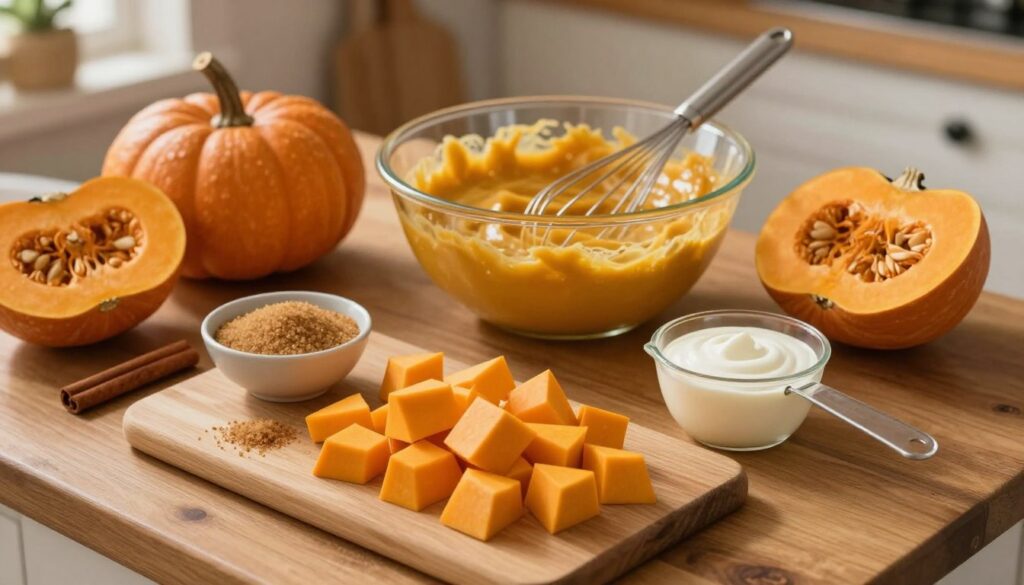 A rustic wooden kitchen countertop, featuring an array of fresh ingredients for simple pumpkin desserts. In the foreground, a cutting board holds diced pumpkin, a small bowl of brown sugar, a sprinkle of cinnamon, and a measuring cup filled with cream. A few whole pumpkins and cinnamon sticks are placed nearby for a charming autumn touch. The middle ground shows a mixing bowl, partially filled with a creamy, golden pumpkin filling, with a whisk resting against it. In the background, a slightly blurred kitchen setting with warm, soft lighting that creates a cozy, inviting atmosphere. The scene is captured in a top-down angle, emphasizing the abundance of ingredients and the warmth of the kitchen.