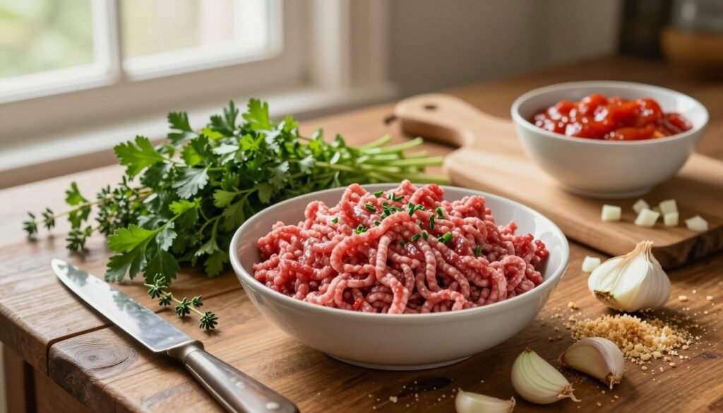 A rustic wooden table displays a vibrant arrangement of essential ingredients for classic homemade meatloaf. In the foreground, a bowl filled with freshly ground beef glistens, surrounded by finely chopped fresh herbs like parsley and thyme, their rich green hues contrasting vividly with the meat. Scattered around are diced onions, garlic cloves, and breadcrumbs, creating a sense of preparation. In the background, soft natural light filters through a window, casting a warm glow, enhancing the homely atmosphere. A vintage knife and chopping board suggest a cozy kitchen scene, while a bowl of tangy tomato glaze awaits its turn, hinting at the final touch. Capture this inviting, warm mood, focusing on the textures and colors that highlight the essence of classic meatloaf ingredients.