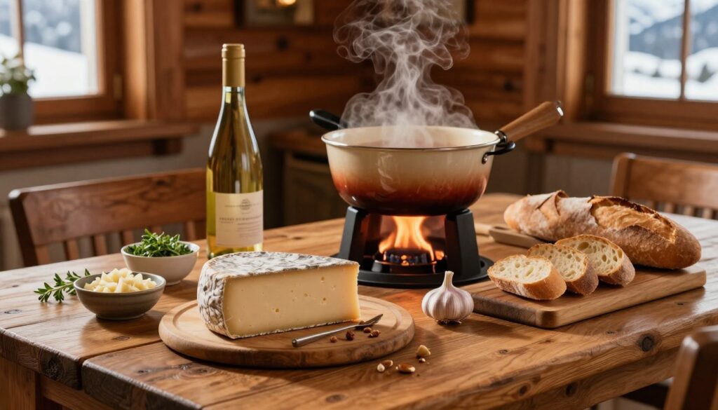 A rustic wooden table, elegantly set in a cozy alpine cabin, showcases the essential ingredients for Savoyard fondue. In the foreground, a wheel of rich Gruyère cheese and a wheel of nutty Emmental cheese are artfully arranged, alongside a bowl of finely chopped garlic and a bottle of dry white wine. Slices of crusty baguette rest on a wooden cutting board, with a small dish of fresh herbs for garnish. In the middle ground, a traditional fondue pot, steaming gently, sits above a small flame. The background features a warm, softly lit interior with wooden beams and a hint of snowy mountains visible through a window, creating a welcoming and inviting atmosphere. The overall mood is warm and intimate, perfect for a gathering.