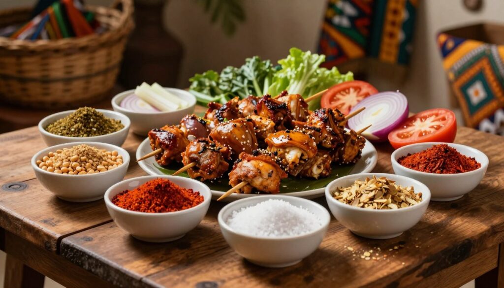 A rustic wooden table serves as the foreground, covered with an array of vibrant spices essential for making Nigerian chicken suya, including ground peanuts, cayenne pepper, paprika, salt, and crushed ginger, all arranged artistically in small, elegant bowls. In the middle ground, there are raw chicken skewers marinated in rich, earthy tones, surrounded by fresh vegetables like sliced onions and tomatoes, enhancing the authenticity of the dish. The background features soft-focus Nigerian-themed décor, perhaps a woven basket or colorful fabric. The lighting is warm and inviting, casting gentle shadows, and the scene has a homely, culinary atmosphere, conveying a sense of tradition and flavor. The angle is slightly elevated, showcasing the ingredients in a colorful and tempting arrangement, without any text or distractions.