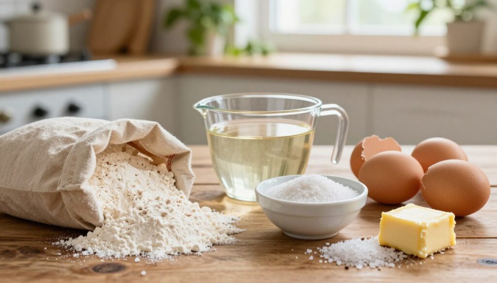 A rustic wooden table set as the backdrop for a vibrant display of English muffin ingredients. In the foreground, a bag of all-purpose flour spills gracefully beside a measuring cup filled with warm water, and a small bowl of yeast sits ready to activate. Freshly cracked eggs and a pat of butter glisten in soft natural light. The middle ground features a scattering of sea salt and a sprinkle of sugar, while the background showcases a faintly blurred kitchen scene with herbs hanging and sunlight streaming through a window, creating a warm, inviting atmosphere. The composition is captured with a shallow depth of field, highlighting the textures of the ingredients, evoking a cozy home-cooking vibe.