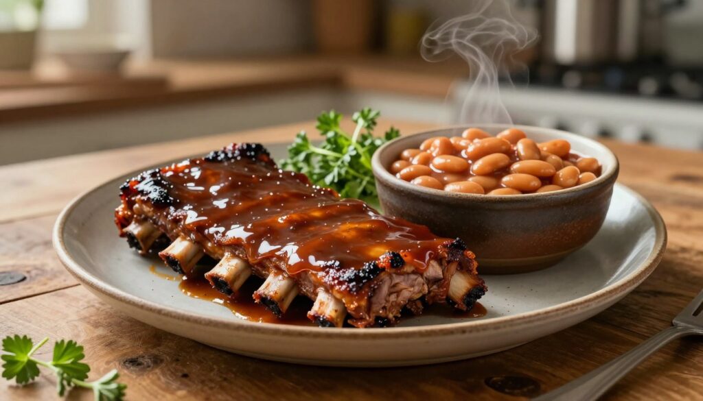 A rustic wooden table set for a delicious meal featuring slow cooked ribs slathered in rich, glossy BBQ sauce, glistening under soft, warm lighting. The ribs are arranged on a ceramic plate, slightly offset to show the tender, juicy meat and caramelized edges. Next to the ribs, a hearty serving of baked beans in a rustic bowl, steam gently rising from them. A few sprigs of fresh herbs garnish the plate, adding vibrant green to the earthy tones. In the background, a blurred kitchen scene with cooking utensils and a slow cooker can be faintly seen, creating a homely, inviting atmosphere. The angle is slightly from above, giving a clear view of the dish while maintaining warmth and coziness in the scene.