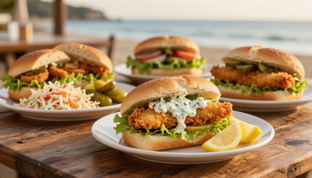 A rustic wooden table set with an assortment of quick seafood sandwiches, each artfully arranged on a white plate. The foreground features a fluffy sandwich filled with crispy fried fish, tangy tartar sauce, and fresh lettuce, garnished with lemon wedges. In the middle ground, colorful side dishes of coleslaw and pickles complement the sandwiches, while the background includes a blurred coastal scene with soft golden lighting creating a warm, inviting atmosphere. The image captures a casual dining vibe, evoking a sense of ease and comfort. A shallow depth of field provides focus on the sandwiches, inviting viewers to savor the delicious textures and colors of this quick dinner option.