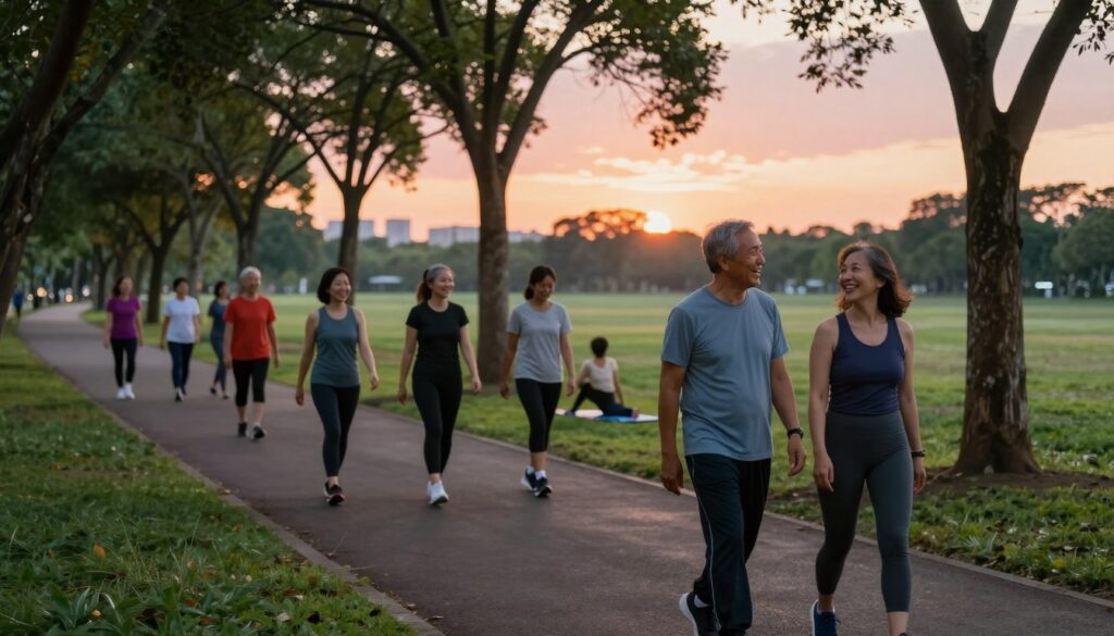 A serene evening scene depicting a diverse group of adults casually walking along a tree-lined park path, engaging in light exercise to promote blood sugar control. In the foreground, two people, one in comfortable athletic wear and the other in modest casual clothing, laugh and chat as they stroll. The middle ground features more individuals, some stretching or doing gentle movements like yoga poses on mats in the grass. The background showcases a vibrant sunset with warm hues of orange and pink, casting a gentle glow over the landscape. The atmosphere is peaceful and encouraging, inviting viewers to embrace an active lifestyle, with soft, diffused lighting highlighting the joyful expressions on their faces. The angle is slightly elevated, capturing the overall movement and tranquility of the scene.