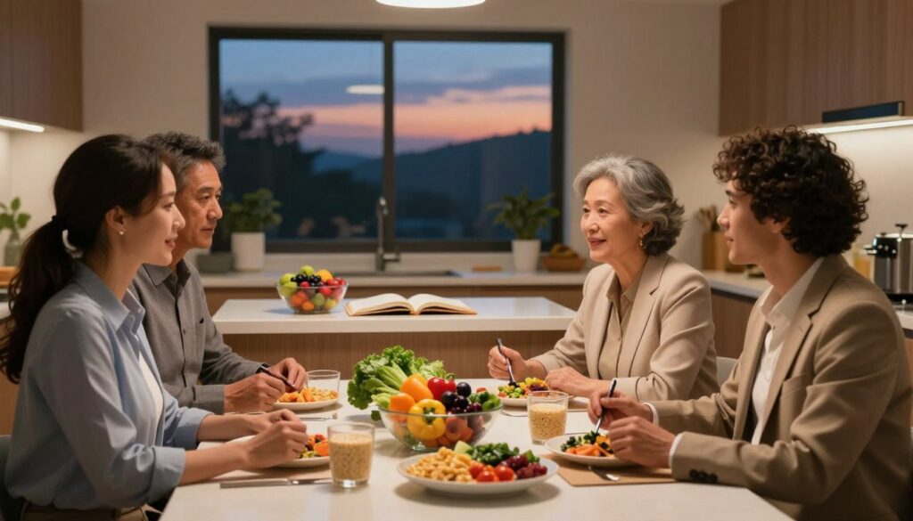 A serene evening scene depicting ways to optimize blood sugar levels, set in a modern kitchen bathed in warm, soft lighting. In the foreground, a diverse group of three adults in professional business attire—two women and one man—are engaged in a discussion around a beautifully arranged table filled with healthy meal options: colorful vegetables, whole grains, and lean proteins. In the middle distance, a fruit bowl with berries and an open recipe book on the counter suggests balanced meal planning. The background features a cozy window showing a peaceful twilight sky with hints of deep blue and soft orange hues. The atmosphere is calm and focused, embodying the theme of health and well-being after 5 PM. The composition should evoke a sense of tranquility and positivity about making healthier choices.