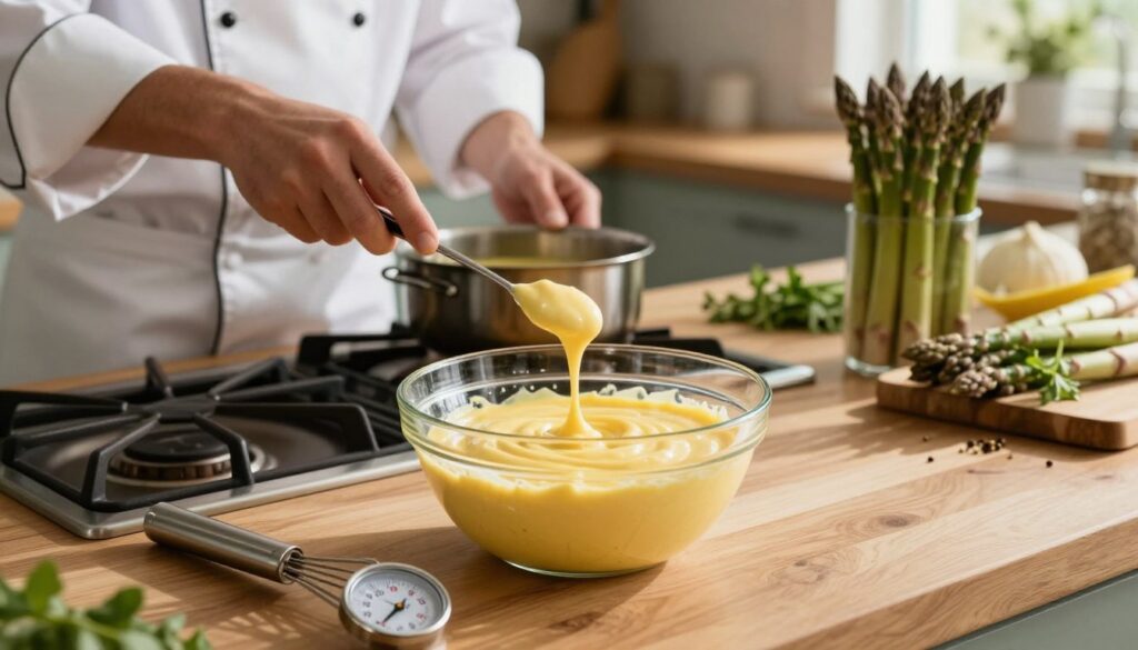 A serene kitchen scene focused on preventing Dutch dressing from splitting, featuring a glass bowl of creamy, emulsified Dutch dressing with a rich yellow hue. In the foreground, a whisk and a thermometer lie on a wooden countertop, emphasizing heat control. The middle layer includes a gentle stove with a small saucepan simmering, showcasing an attentive cook in a professional white chef's coat, carefully monitoring the temperature. Soft, natural lighting filters through a nearby window, casting warm highlights across the countertop. The background reveals fresh asparagus spears standing proudly on a cutting board, surrounded by herbs and spices, conveying a sense of culinary freshness. The overall mood is calm and focused, illustrating the importance of precision in cooking.