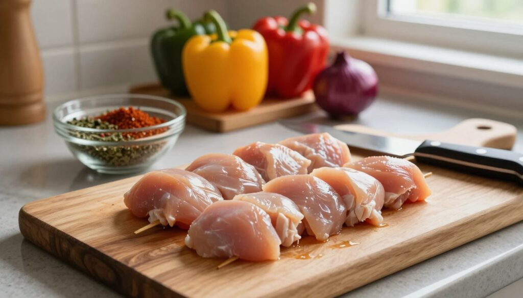 A serene kitchen scene focused on the preparation of chicken for souvlaki skewers. In the foreground, a wooden cutting board holds fresh chicken breast pieces, expertly sliced into even cubes, displaying glistening, tender meat. A sharp chef's knife rests beside them, reflecting the warm kitchen light. In the middle ground, a bowl filled with vibrant Mediterranean herbs and spices, such as oregano and paprika, sits ready for marinating the chicken. The background showcases a neatly arranged assortment of colorful vegetables, like bell peppers and red onions, adding a pop of color to the scene. Natural light streams in from a nearby window, illuminating the workspace and creating a cozy, inviting atmosphere, perfect for cooking. The camera angle is slightly above the cutting board, providing a clear view of the technique in action.