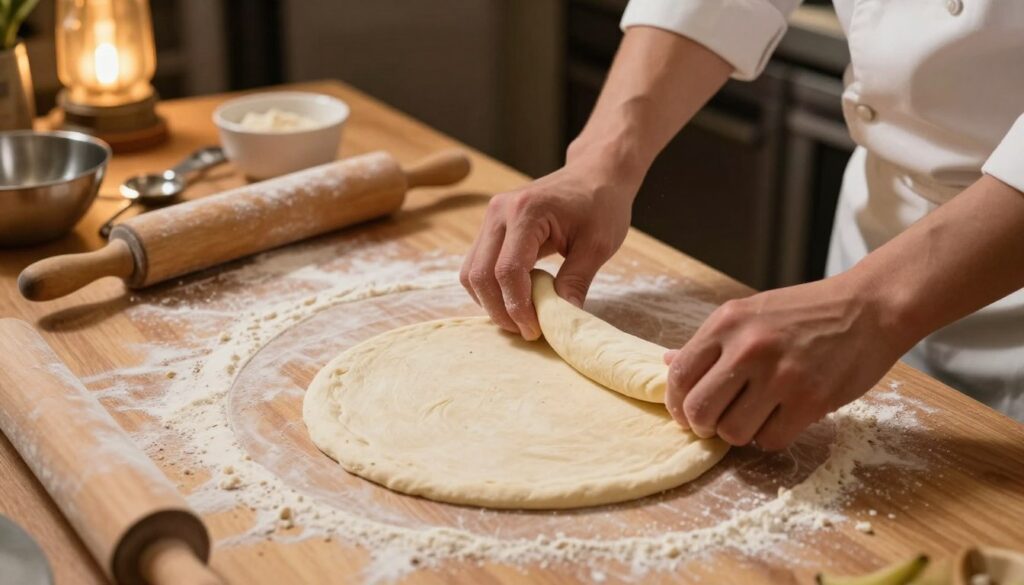 A skilled pizzaiolo expertly shaping and stretching pizza dough on a floured wooden countertop. In the foreground, focus on their hands, elegantly pulling and stretching the dough into a round shape, showcasing the technique and texture. The middle ground features the dough slowly taking form, with crumbs and flour scattered around, enhancing the authenticity of the scene. The background reveals a cozy kitchen atmosphere with warm, inviting lights illuminating the space, highlighting kitchen tools like rolling pins and measuring cups. The image should be taken from a slight overhead angle, capturing both the action and the overall ambiance, evoking a sense of craftsmanship and passion for pizza making.