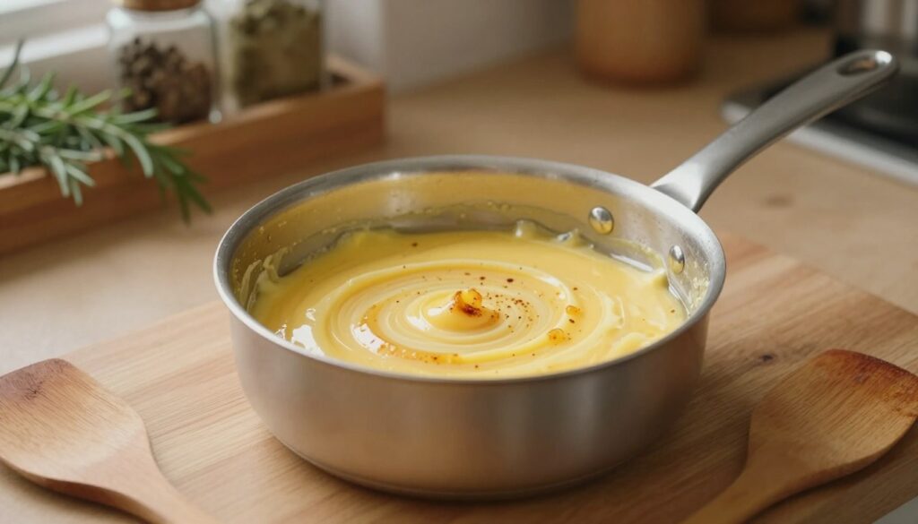 A small saucepan filled with rich, golden-brown beurre noisette sits on a light wooden countertop. The butter is simmering, with tiny specks of toasted milk solids forming a delicate swirl, capturing the light. In the background, a rustic kitchen scene is softly blurred, featuring herbs and spices neatly arranged on shelves, evoking a sense of warmth and homeliness. Soft, natural lighting highlights the sheen of the butter and the textures of the countertop. A wooden spatula rests beside the pan, hinting at the process of cooking. The overall atmosphere is inviting and culinary-focused, emphasizing the beauty and simplicity of this classic technique for achieving perfectly browned butter. A small saucepan filled with rich, golden-brown beurre noisette sits on a light wooden countertop. The butter is simmering, with tiny specks of toasted milk solids forming a delicate swirl, capturing the light. In the background, a rustic kitchen scene is softly blurred, featuring herbs and spices neatly arranged on shelves, evoking a sense of warmth and homeliness. Soft, natural lighting highlights the sheen of the butter and the textures of the countertop. A wooden spatula rests beside the pan, hinting at the process of cooking. The overall atmosphere is inviting and culinary-focused, emphasizing the beauty and simplicity of this classic technique for achieving perfectly browned butter.