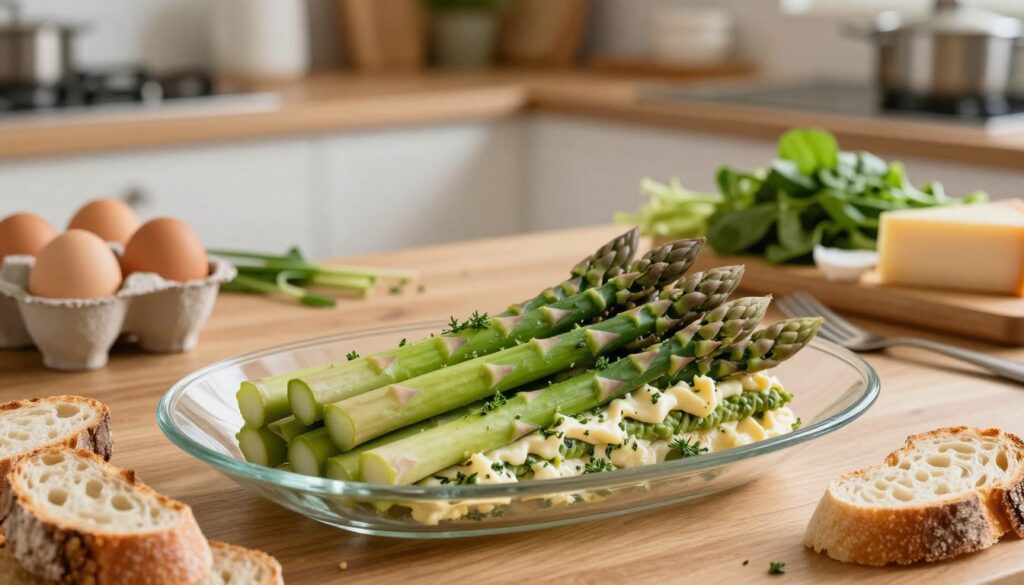 A sophisticated kitchen setting with a focus on a layered asparagus dish preparation. In the foreground, fresh green asparagus spears are arranged artistically in an elegant glass dish, showcasing their vibrant colors and textures, layered with creamy filling and garnished with herbs. Surrounding the dish, slices of crusty artisanal bread serve as lining, adding a rustic touch. The middle ground features various cooking utensils and ingredients, like eggs, cheese, and greens, neatly organized on a wooden countertop. In the background, softly blurred kitchen elements imply a well-equipped space. The scene is illuminated with warm, natural light, creating a cozy and inviting atmosphere. The image captures the essence of culinary artistry, inviting the viewer into the preparation process.