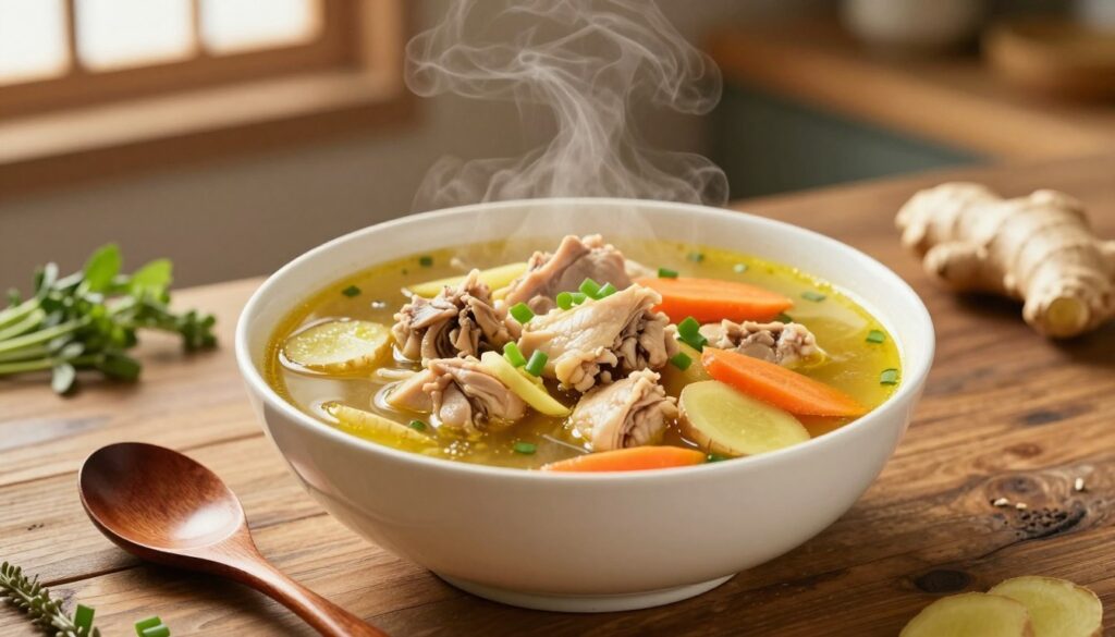 A steaming bowl of ginger chicken soup served on a rustic wooden table, highlighting vibrant chunks of chicken, fresh ginger slices, and colorful vegetables like carrots and green onions. The foreground features a wooden spoon resting beside the bowl, while the rich broth swirls enticingly. In the middle ground, a few scattered herbs and a ginger root can be seen, hinting at the essential ingredients. In the background, a softly blurred kitchen setting reveals an inviting ambiance with warm lighting, enhancing the comforting and nourishing feel of the dish. The lighting is soft and natural, suggesting a late afternoon glow, creating a cozy and warm atmosphere perfect for a hearty meal.