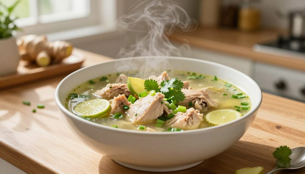 A steaming bowl of healthy ginger chicken soup, filled with tender pieces of chicken, vibrant green scallions, and slices of fresh ginger floating on top. The soup is garnished with cilantro and lime, served in a rustic white bowl on a wooden kitchen counter. In the background, a softly lit kitchen setting with herbs and spices visible on a shelf, conveying warmth and comfort. Natural sunlight filters through the window, casting soft shadows and creating an inviting atmosphere. The image captures the essence of nourishment and healing, ideal for those feeling under the weather. The focus is sharp on the soup, with a slight depth of field effect to emphasize its richness and the comforting nature of the dish.
