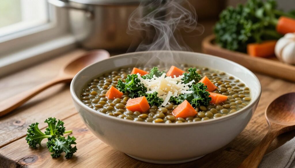 A steaming bowl of vibrant lentil and vegetable soup, filled with hearty green and brown lentils, colorful diced carrots, and chopped kale, garnished with freshly grated Parmesan cheese on top. In the foreground, a rustic wooden table sets the scene, with a couple of sprigs of fresh herbs nearby for added color. The middle ground features the soup bowl, with a wooden spoon resting beside it, catching soft, ambient light from a nearby window. In the background, out-of-focus kitchen elements, such as a pot and fresh vegetables, create a homely atmosphere. The lighting is warm and inviting, highlighting the rich textures of the soup. The overall mood is comforting and wholesome, evoking a sense of cozy, home-cooked warmth.