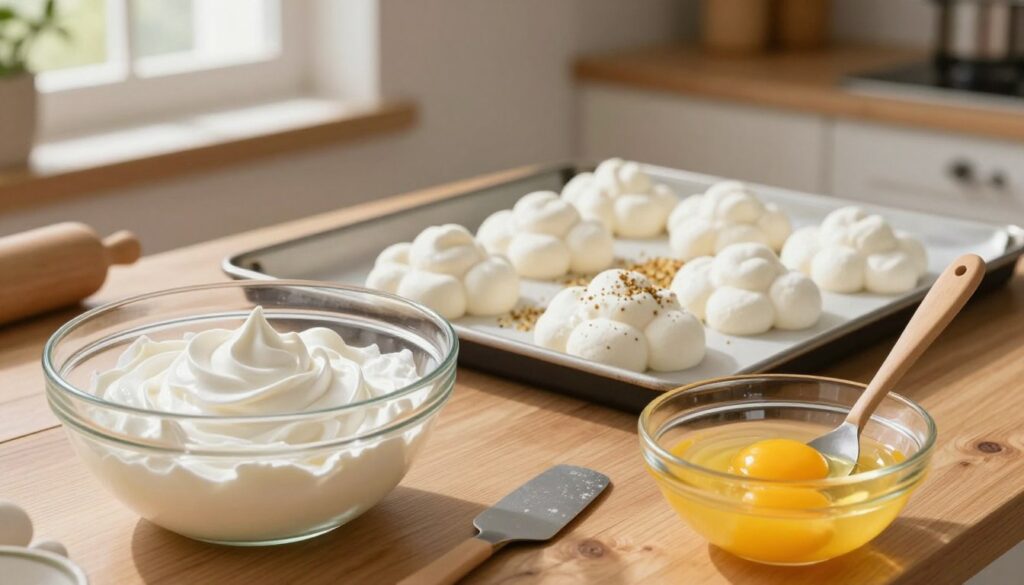 A step-by-step tutorial illustration of making cloud eggs. In the foreground, display a clear, large bowl with fluffy whipped egg whites, a small bowl with the bright yellow yolks separated, and a spatula. In the middle, showcase the eggs being carefully shaped into fluffy clouds on a baking sheet, with a sprinkle of seasoning visible. The background features a warm kitchen setting with soft natural light streaming in from a window, illuminating the ingredients and utensils on a rustic wooden countertop. Use a shallow depth of field to highlight the preparation process while softly blurring the background. The mood is inviting and cozy, perfect for home cooking.
