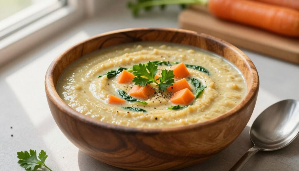 A velvety creamy soup without cream is artfully presented in a rustic wooden bowl, garnished with fresh herbs like parsley and a sprinkle of black pepper. The texture is smooth and appears inviting, with vibrant orange hues of carrot and hints of green from spinach blending together. The scene is set on a simple kitchen table, with soft, diffused sunlight filtering through a nearby window, casting a warm glow over the soup. A ceramic spoon rests beside the bowl, ready for use. In the background, slightly blurred, are hints of vegetables and a cutting board, creating an atmosphere that feels homey and inviting, perfectly capturing the essence of comforting yet healthy cooking. The overall mood is warm and inviting, emphasizing simplicity and nourishment. A velvety creamy soup without cream is artfully presented in a rustic wooden bowl, garnished with fresh herbs like parsley and a sprinkle of black pepper. The texture is smooth and appears inviting, with vibrant orange hues of carrot and hints of green from spinach blending together. The scene is set on a simple kitchen table, with soft, diffused sunlight filtering through a nearby window, casting a warm glow over the soup. A ceramic spoon rests beside the bowl, ready for use. In the background, slightly blurred, are hints of vegetables and a cutting board, creating an atmosphere that feels homey and inviting, perfectly capturing the essence of comforting yet healthy cooking. The overall mood is warm and inviting, emphasizing simplicity and nourishment.