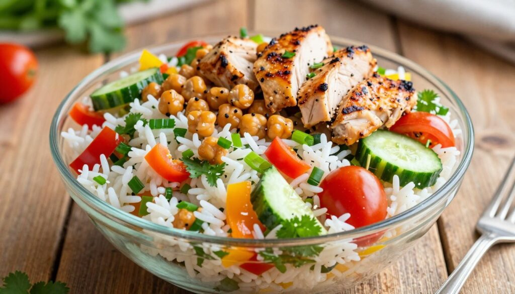 A vibrant California rice salad, artfully arranged on a rustic wooden table. In the foreground, a large glass bowl brimming with fluffy jasmine rice, colorful diced bell peppers, cherry tomatoes, and crisp cucumbers. Fresh herbs like cilantro and green onions are scattered throughout, adding a splash of green. In the middle ground, a sprinkle of roasted chickpeas and slices of grilled spicy chicken atop the salad provide a beautiful contrast. The background features soft, natural lighting that highlights the freshness of the ingredients, creating an inviting atmosphere. The image is captured at a slight angle, using a shallow depth of field to focus on the salad while allowing the background to gently blur. The mood is vibrant and appetizing, perfect for showcasing a delicious meal.
