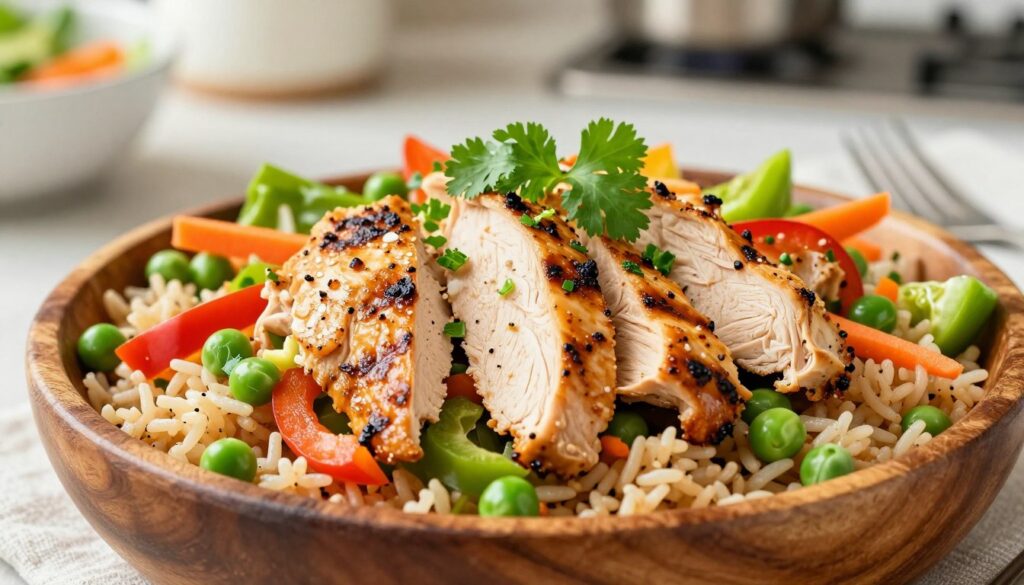 A vibrant California style chicken salad featuring tender, spicy grilled chicken slices atop a colorful bed of fluffy brown rice, complemented by an array of fresh veggies like crisp bell peppers, shredded carrots, and bright green peas. The salad is artfully arranged in a rustic wooden bowl, emphasizing the freshness and healthiness of the dish. The foreground showcases the salad in sharp focus, while hints of fresh herbs like cilantro or parsley can be seen sprinkled on top. Soft, natural light floods the scene, creating a warm and inviting atmosphere. In the background, a blurred kitchen setting adds a touch of homely charm, suggesting a cozy cooking environment. The overall mood is bright, fresh, and appealing, emphasizing a delicious and wholesome meal.