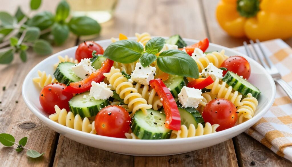 A vibrant Greek pasta salad beautifully arranged on a rustic wooden table, showcasing spiraled pasta mixed with vivid, fresh vegetables like plump cherry tomatoes, crisp cucumbers, and sweet bell peppers. Crumbled feta cheese is sprinkled generously on top, adding a creamy white contrast. Surround the salad with fresh herbs like oregano and basil for an aromatic touch. Soft natural lighting illuminates the scene, hinting at a sunny picnic day, with a shallow depth of field focusing on the salad while softly blurring the background. Include a checkered tablecloth partially visible beneath the dish to enhance the outdoor, relaxed atmosphere. The mood reflects a celebration of fresh flavors, perfect for sharing at picnics and potlucks.