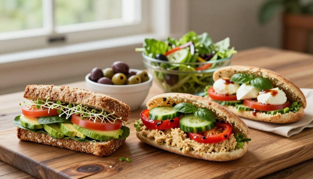A vibrant and appetizing composition of healthy vegetarian sandwiches on a rustic wooden table. In the foreground, showcase three distinct sandwich styles: a whole grain sandwich filled with fresh avocado, spinach, tomato, and sprouts; a Mediterranean pita stuffed with roasted red peppers, hummus, cucumber, and olives; and a classic caprese sandwich with mozzarella, basil, and balsamic glaze. The middle layer includes colorful side dishes like a small bowl of mixed olives and a fresh garden salad with a light vinaigrette. In the background, soft, natural lighting filters through a nearby window, creating a warm and inviting atmosphere. Use a shallow depth of field to focus on the sandwiches while gently blurring the background, enhancing the freshness and healthiness of the meal. Depict this scene with a cheerful, wholesome mood, emphasizing the appeal of easy, nutritious vegetarian food.